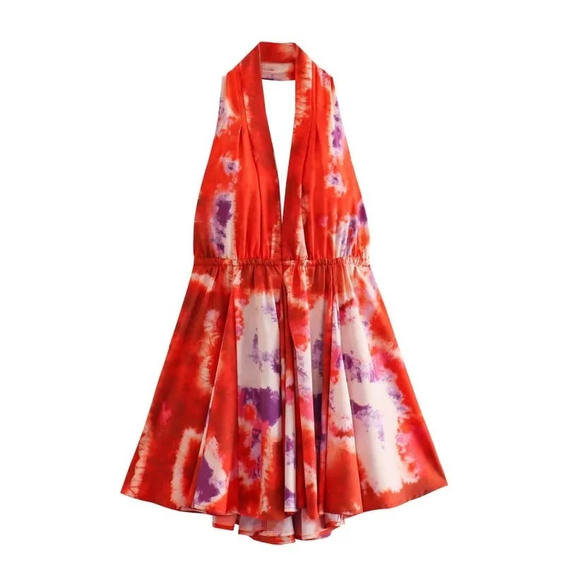 New fashionable V-neck suspender sexy printed halter neck short dress Red casual dress casual dresses clothes dress dresses short dress short dresses