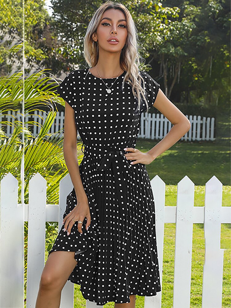 Jessie Summer Polka Dot Short Sleeve Midi Dress