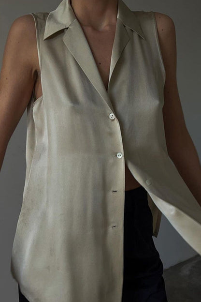 Khaki Satin Lapel Cardigan Tank Top