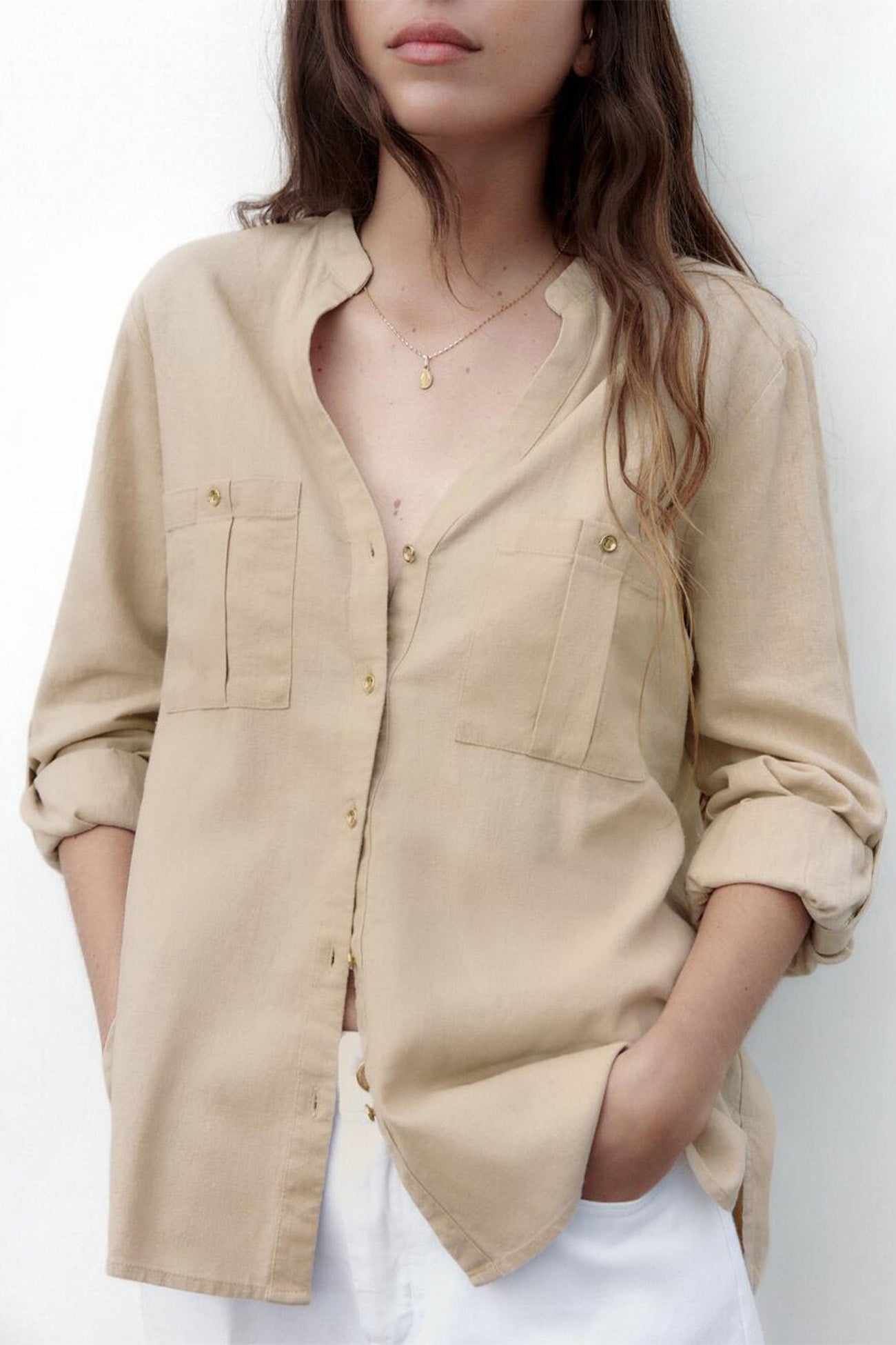 V-neck Pocket Roll-up Sleeve Button-Up Blouse