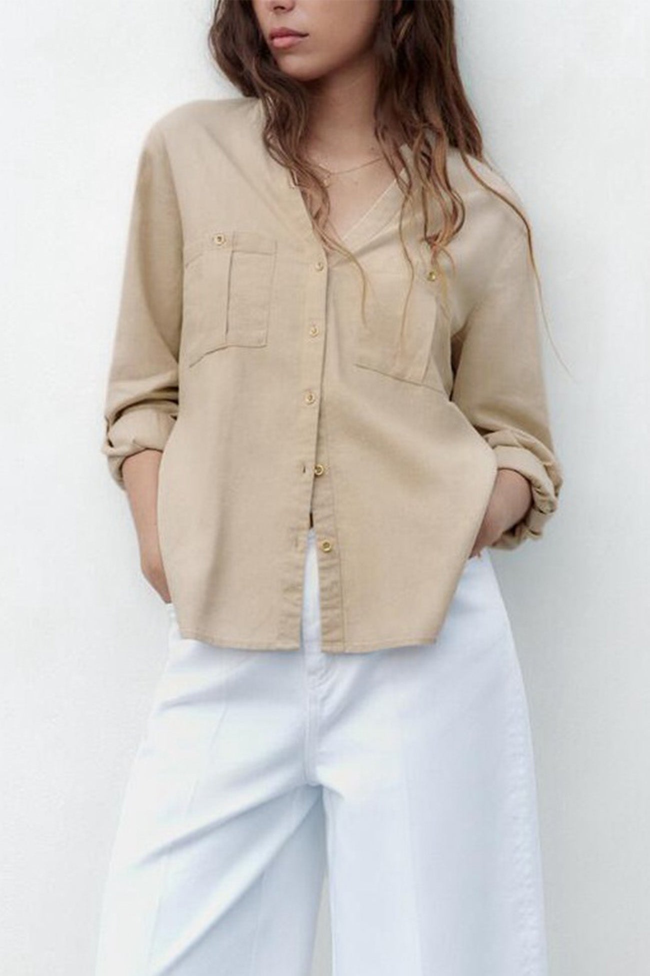 V-neck Pocket Roll-up Sleeve Button-Up Blouse