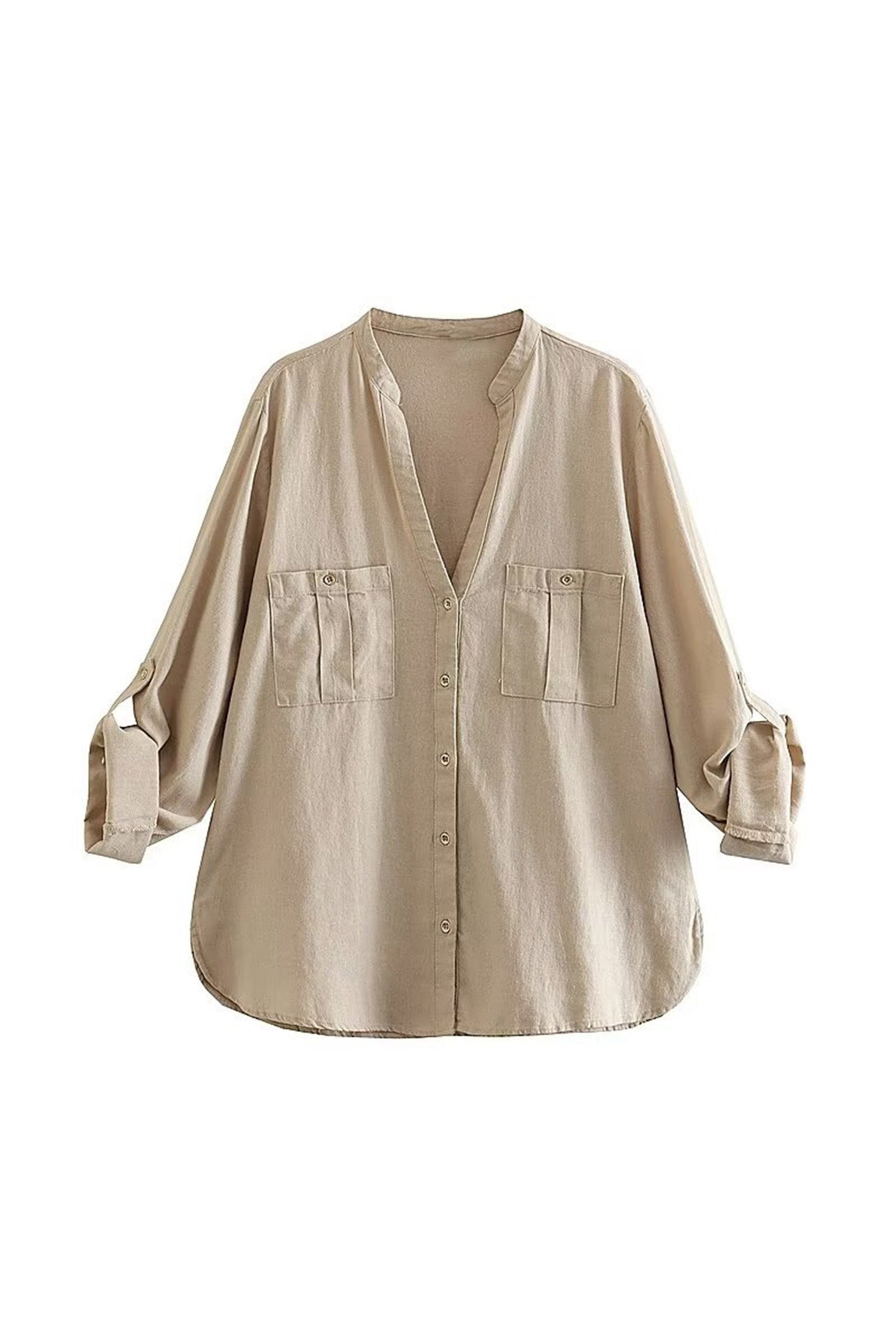 V-neck Pocket Roll-up Sleeve Button-Up Blouse