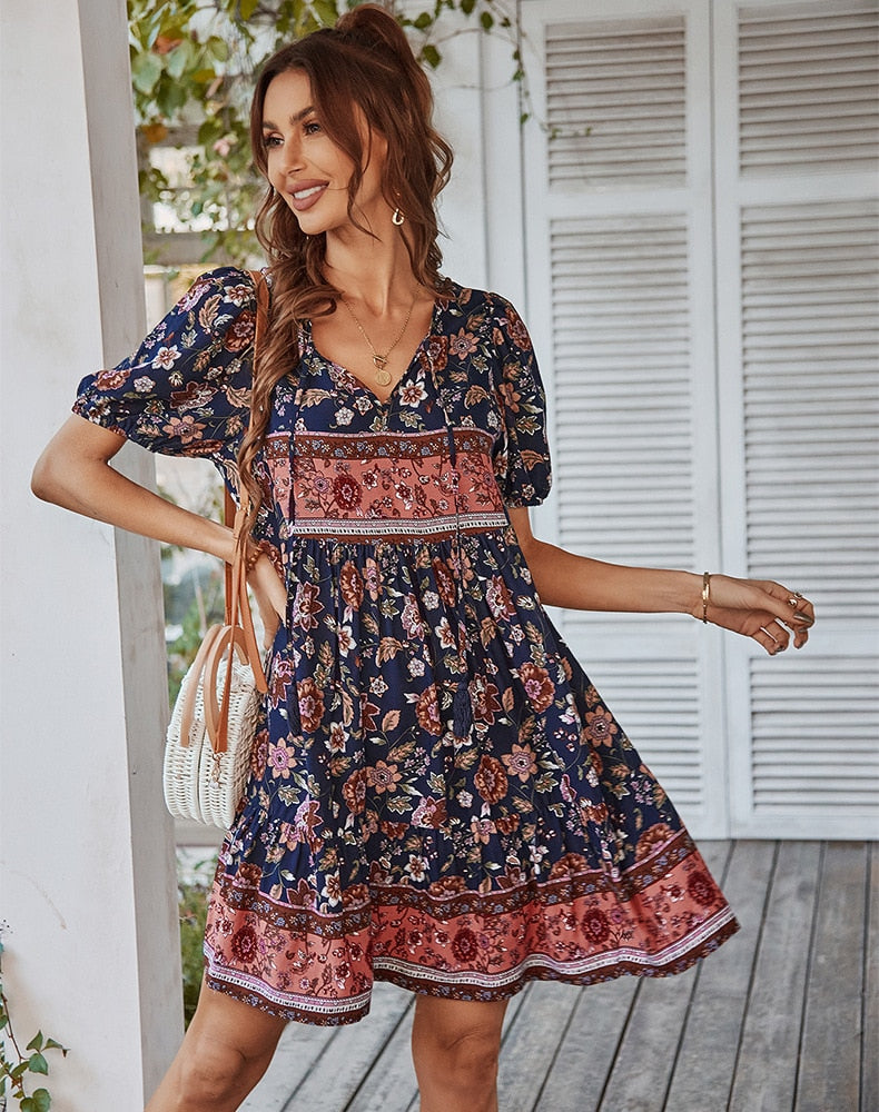 Bonnie Floral Puff Sleeve Summer Midi Dress