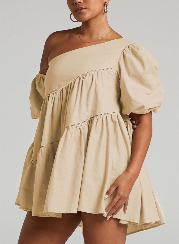 Women's casual loose off-shoulder puff sleeve patchwork short-sleeved dress irregular skirt Cracker khaki clothes dress dresses short dresses