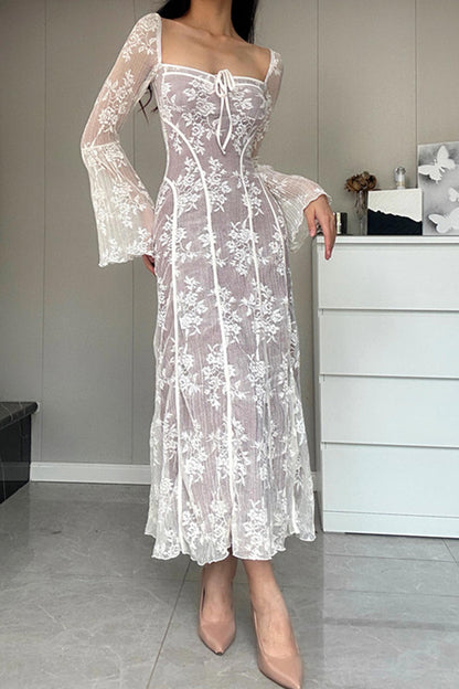 Lace Tie-up Flares Sleeve Midi Dress