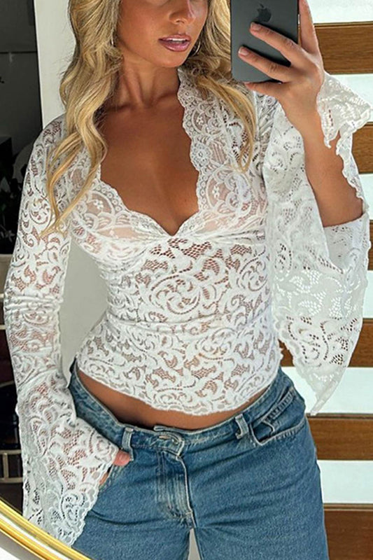 Lace V Neck Flares Sleeve Tops