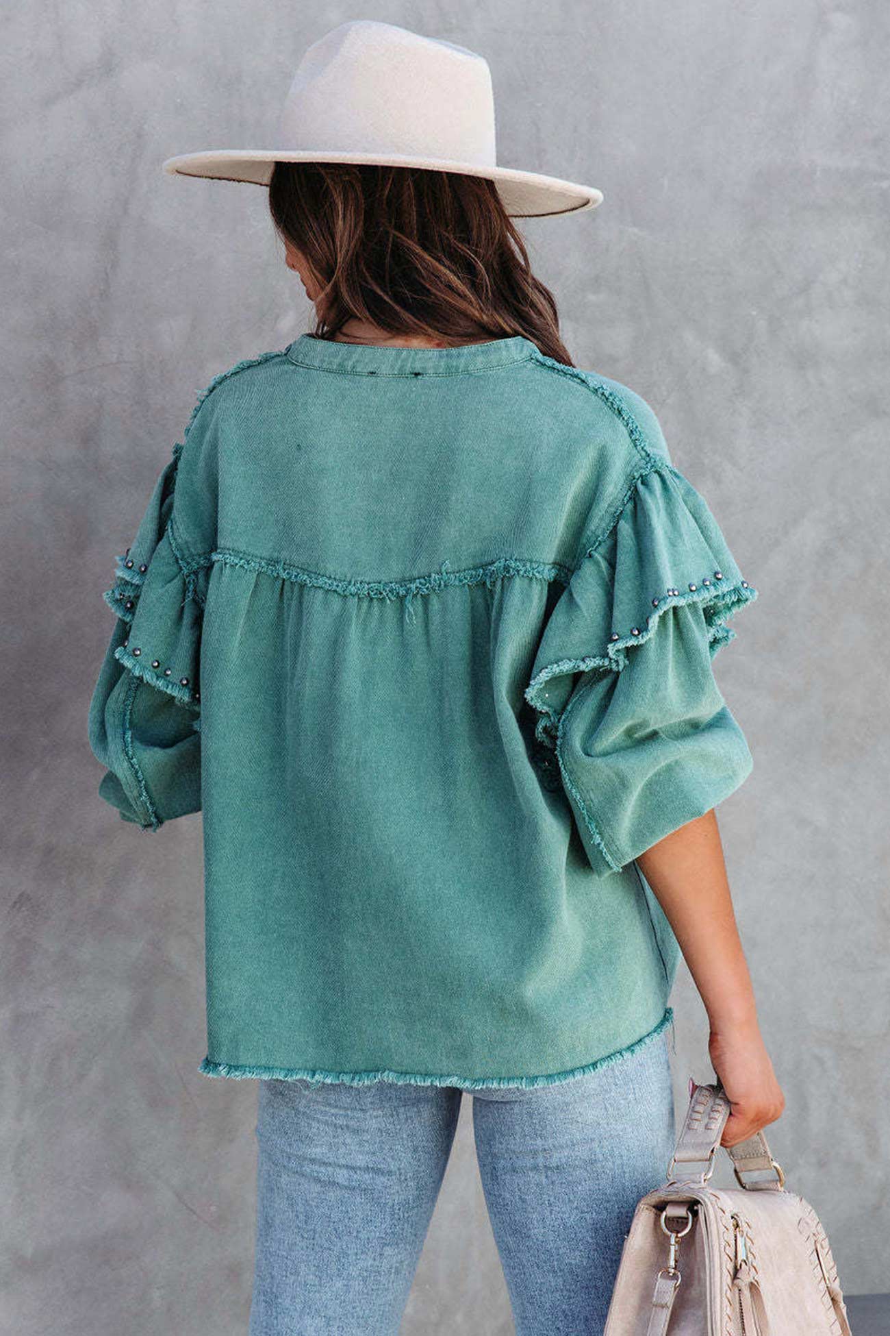 Lantern Sleeve Nail Bead Ruffled Denim Tops