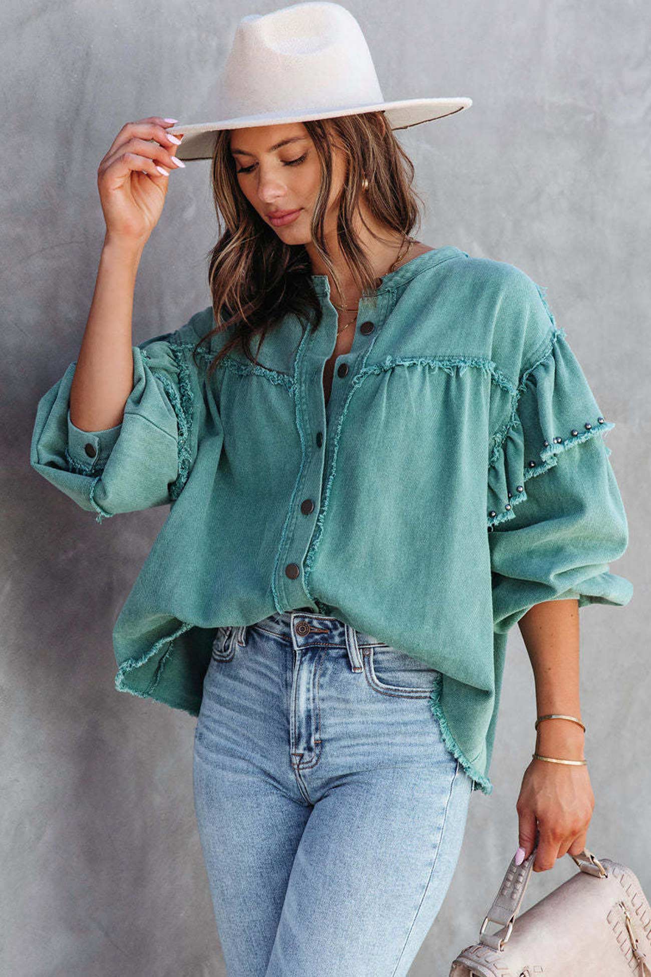 Lantern Sleeve Nail Bead Ruffled Denim Tops