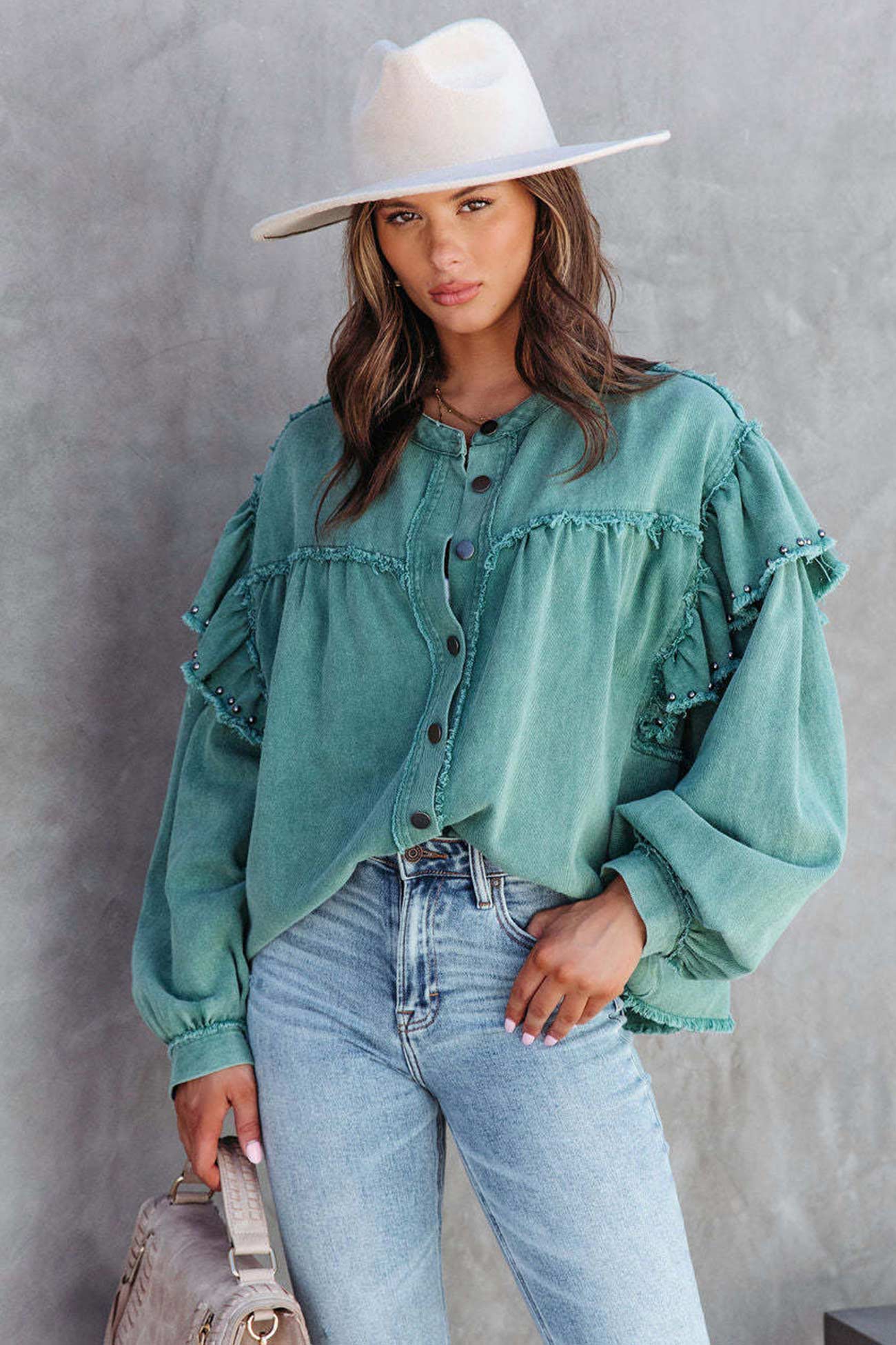 Lantern Sleeve Nail Bead Ruffled Denim Tops