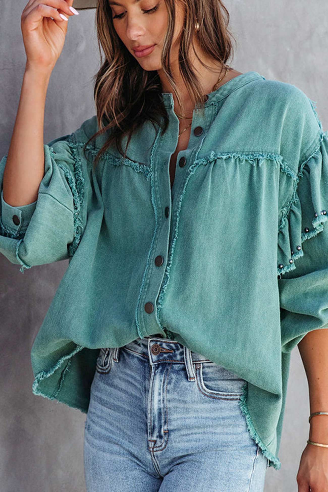 Lantern Sleeve Nail Bead Ruffled Denim Tops