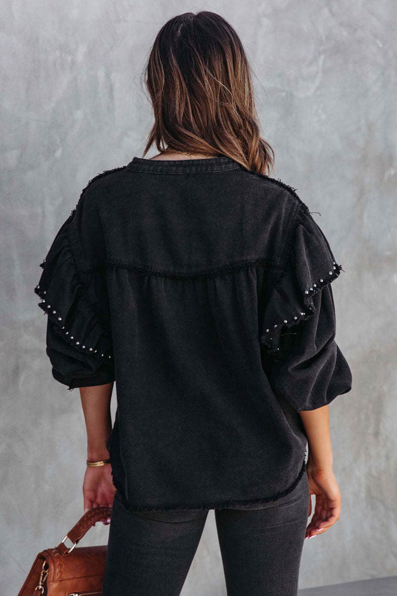 Lantern Sleeve Nail Bead Ruffled Denim Tops