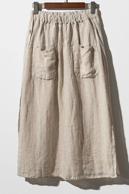 Linen Solid Pocketed Midi Skirt