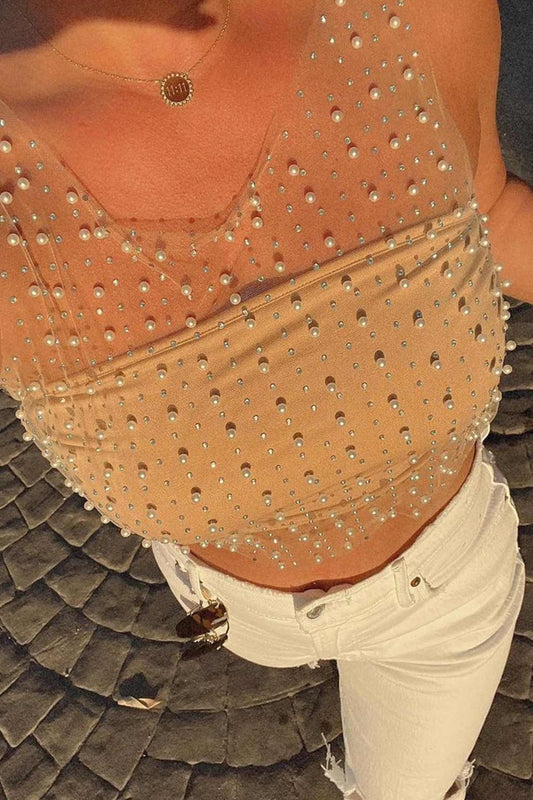 Mesh Full Pearl Tank Tops