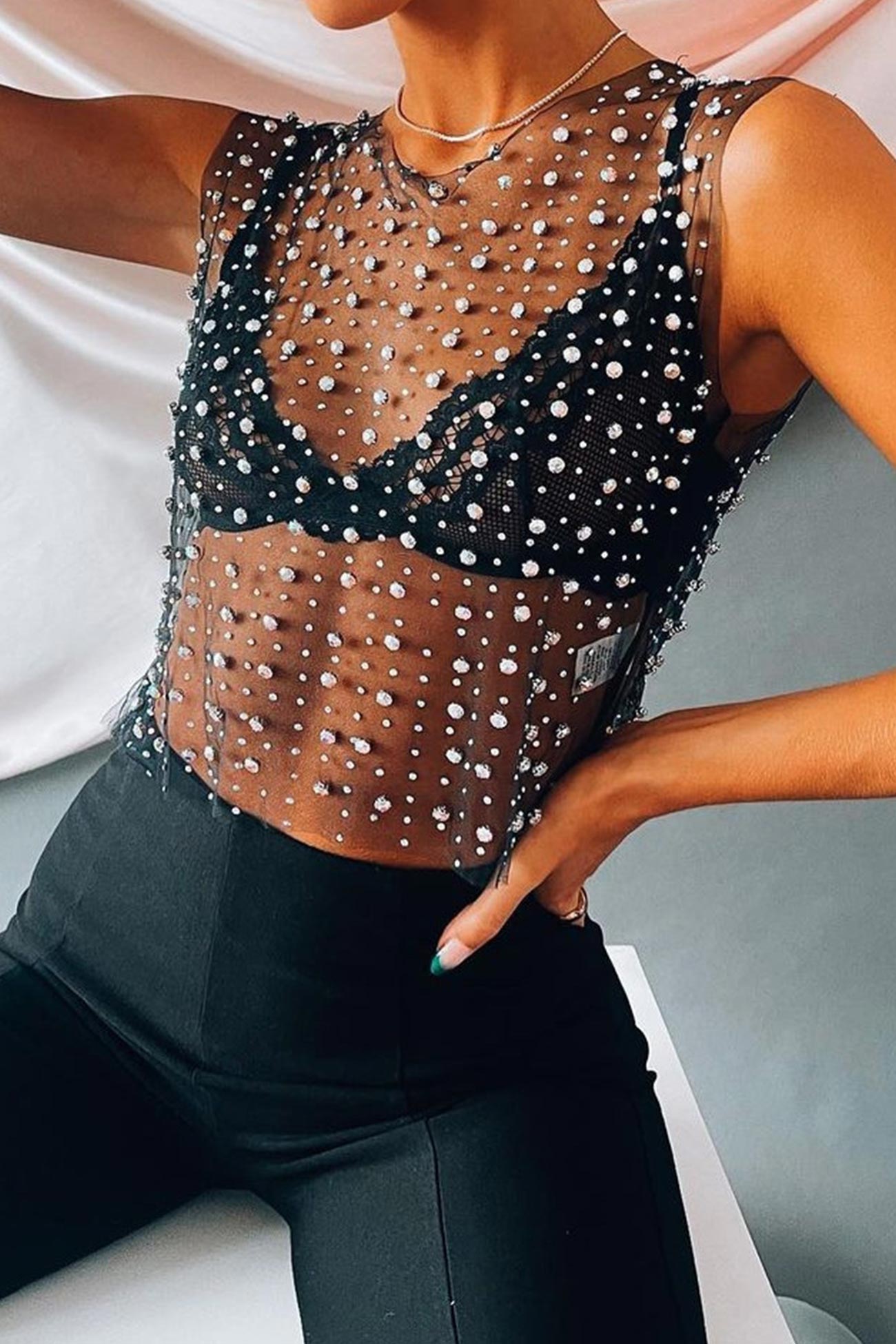 Mesh Full Pearl Tank Tops