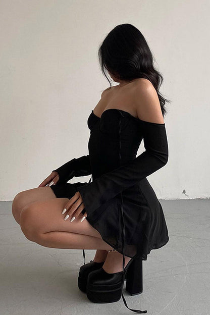 Mesh Off Shoulder Tie-back Mini Dress