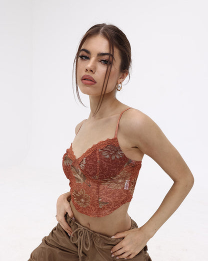 Apricot Leaf Lace Corset Cami Top