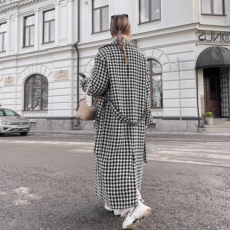 Winter Houndstooth Long Trench Coat