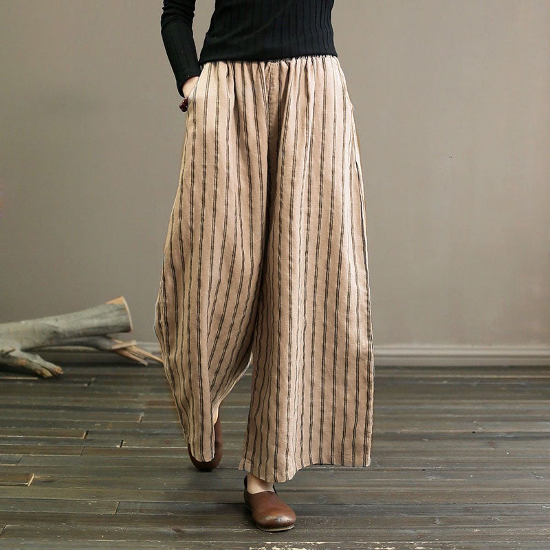 【Cotton And Linen】Casual Striped Wide Leg Trousers Khaki best Best Sellings bottoms clothes Cotton And Linen pants Plus Size Sale Topseller