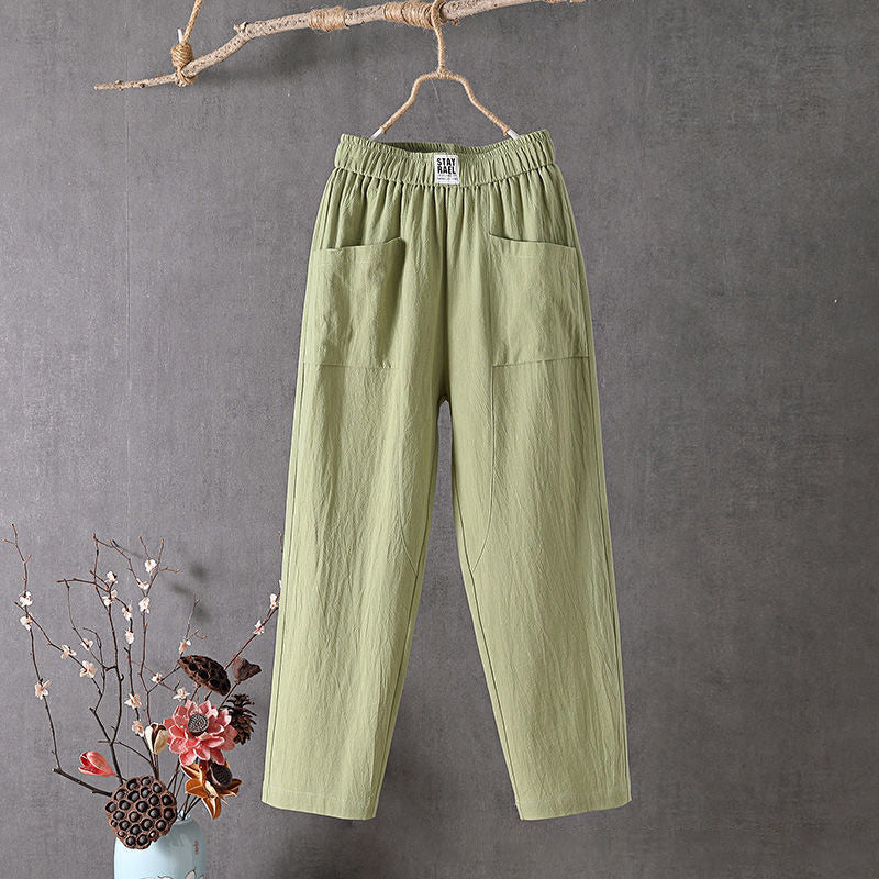 【Cotton And Linen】Solid Color Casual Trousers Green best Best Sellings bottoms clothes Cotton And Linen pants Plus Size Sale Topseller