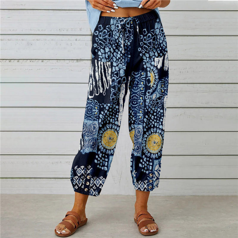 【Cotton And Linen】Vintage Printed Trousers Dark Blue best Best Sellings bottoms clothes Cotton And Linen pants Plus Size Sale Topseller