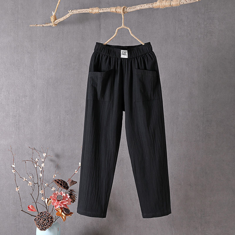 【Cotton And Linen】Solid Color Casual Trousers Black best Best Sellings bottoms clothes Cotton And Linen pants Plus Size Sale Topseller