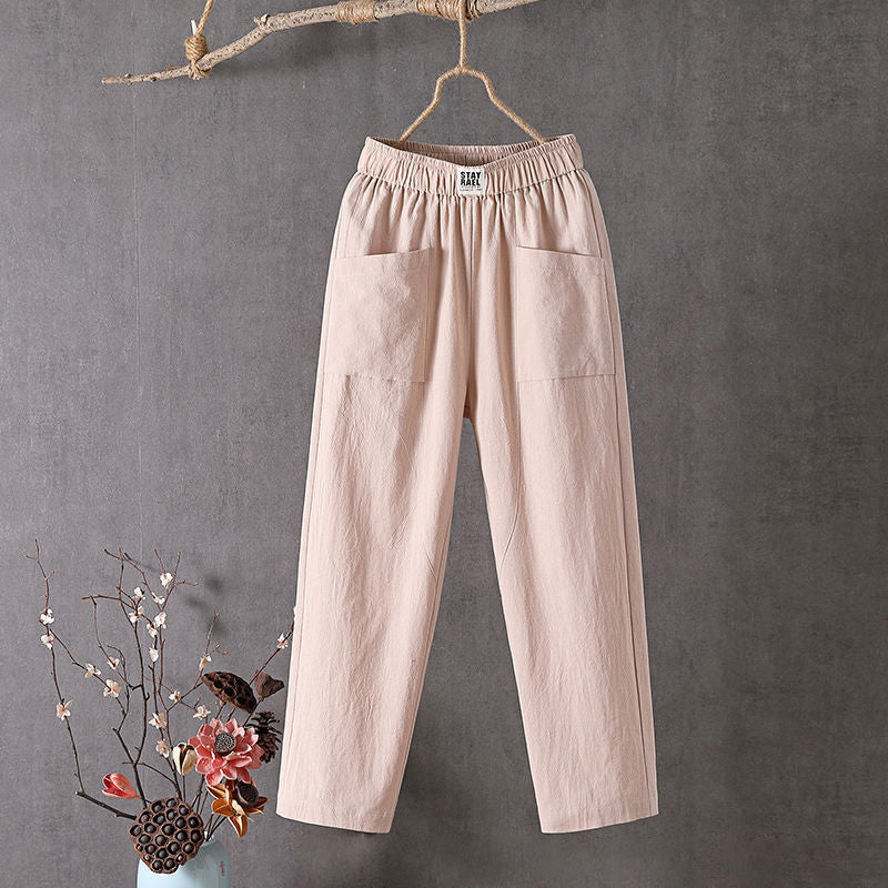 【Cotton And Linen】Solid Color Casual Trousers Apricot best Best Sellings bottoms clothes Cotton And Linen pants Plus Size Sale Topseller