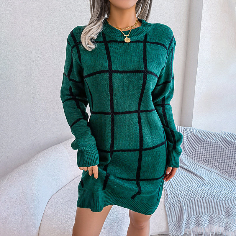 Casual Plaid Knit Dress Green best Best Sellings casual dresses clothes Sale short dresses Topseller