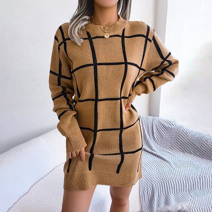 Casual Plaid Knit Dress Khaki best Best Sellings casual dresses clothes Sale short dresses Topseller