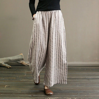 【Cotton And Linen】Casual Striped Wide Leg Trousers Beige best Best Sellings bottoms clothes Cotton And Linen pants Plus Size Sale Topseller