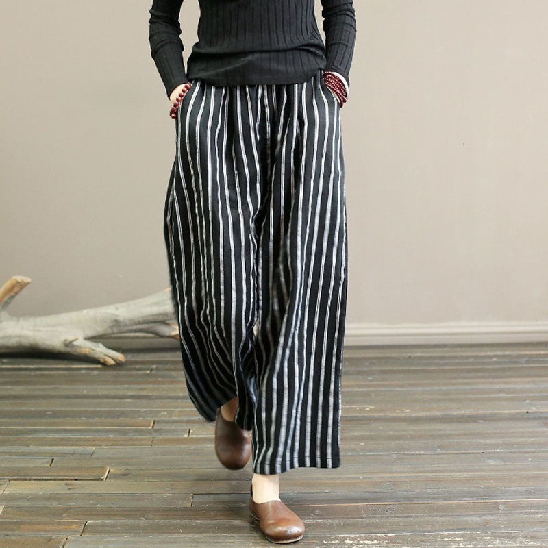 【Cotton And Linen】Casual Striped Wide Leg Trousers Black best Best Sellings bottoms clothes Cotton And Linen pants Plus Size Sale Topseller