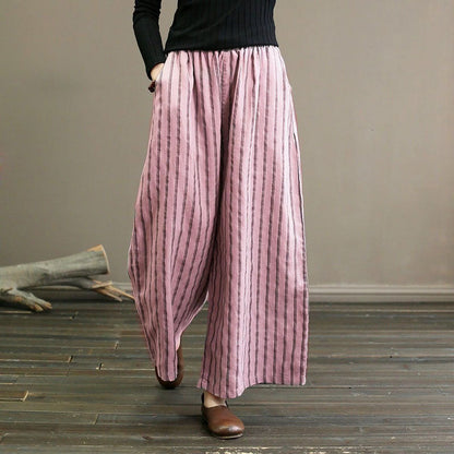 【Cotton And Linen】Casual Striped Wide Leg Trousers Pink best Best Sellings bottoms clothes Cotton And Linen pants Plus Size Sale Topseller