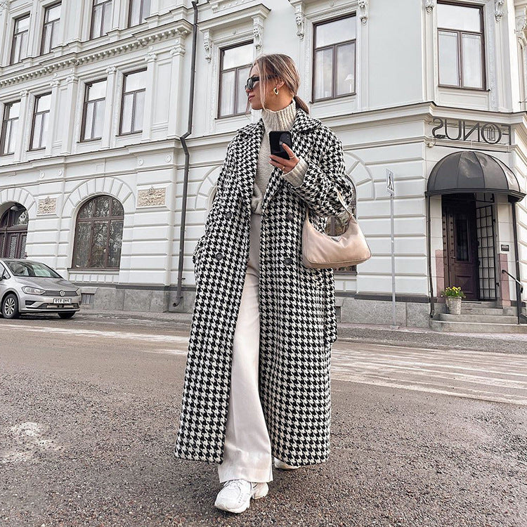 Winter Houndstooth Long Trench Coat