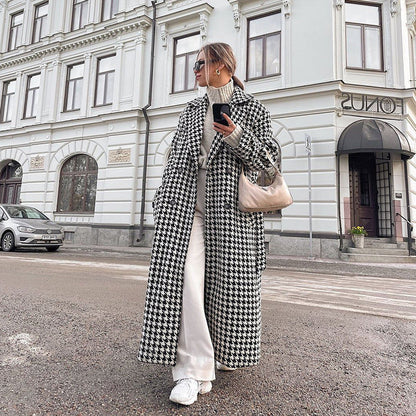 Winter Houndstooth Long Trench Coat