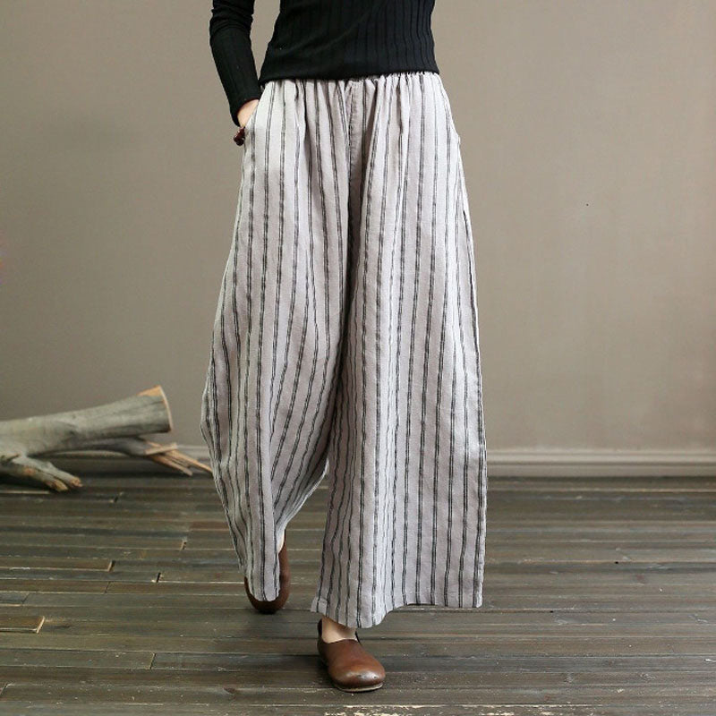 【Cotton And Linen】Casual Striped Wide Leg Trousers