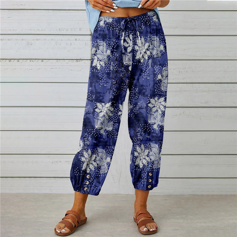 【Cotton And Linen】Vintage Printed Trousers Blue best Best Sellings bottoms clothes Cotton And Linen pants Plus Size Sale Topseller