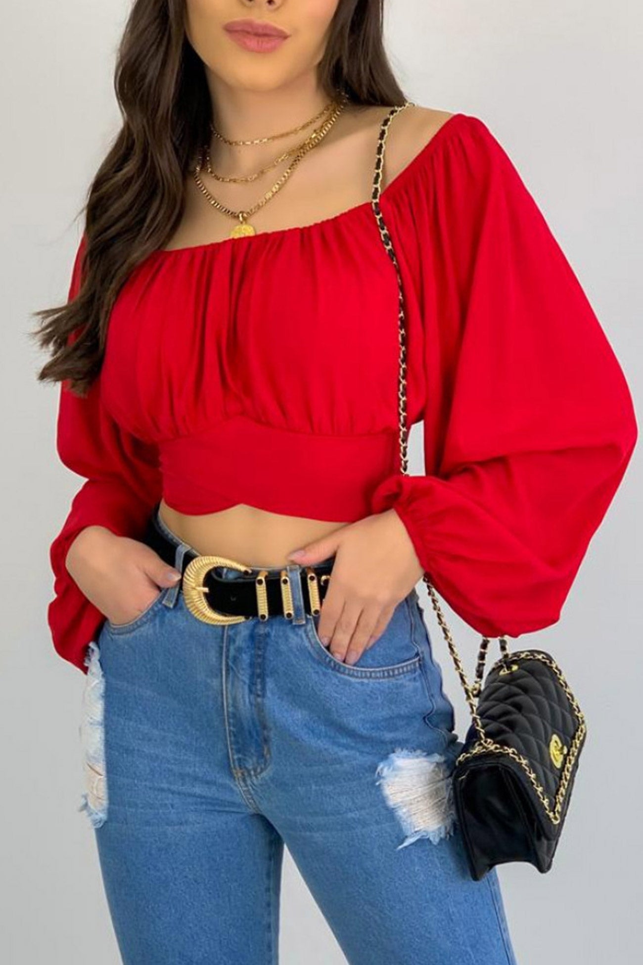 Off Shoulder Puff Sleeve Crop Top