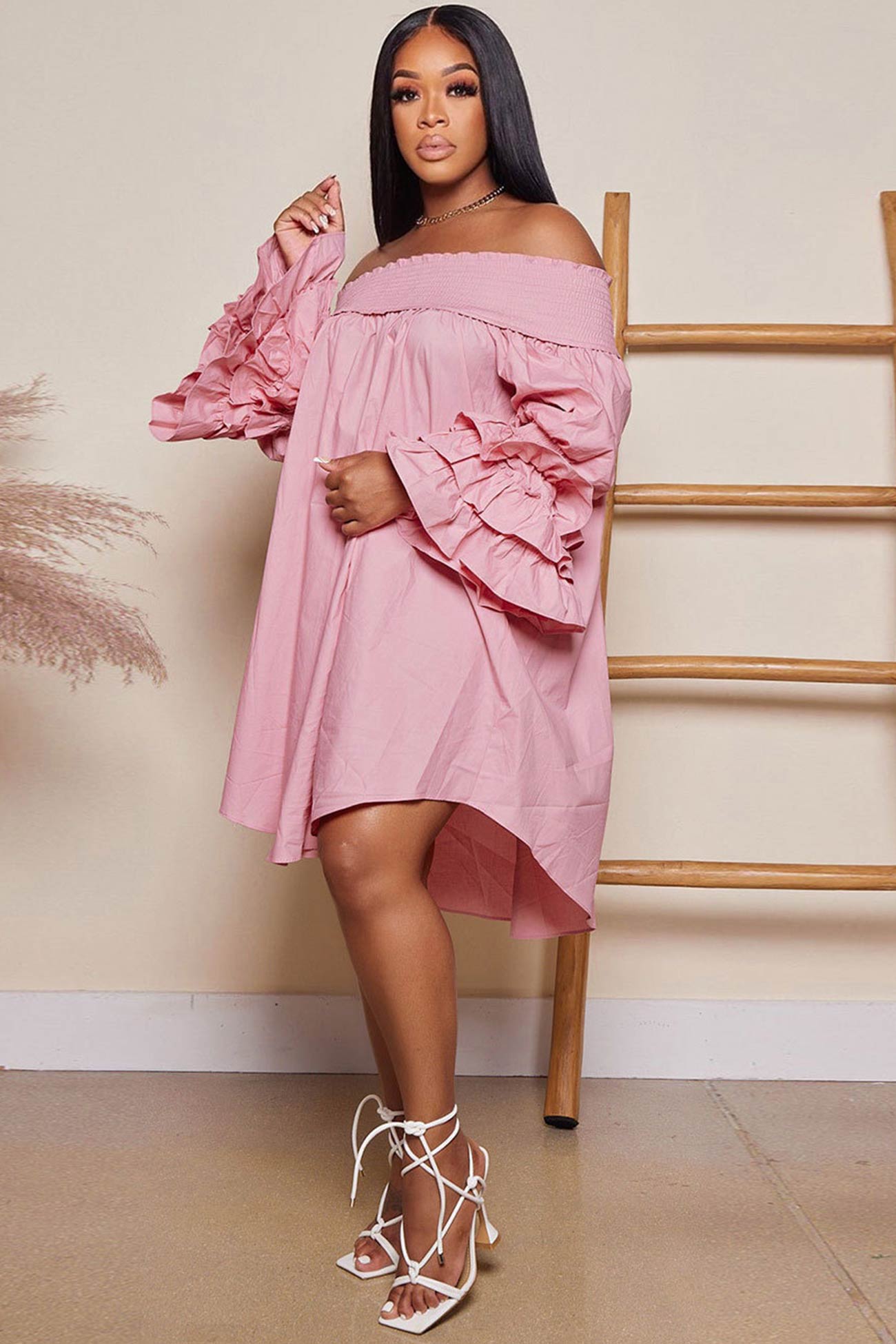 Off Shoulder Tiered Puff Sleeve Loose Dress