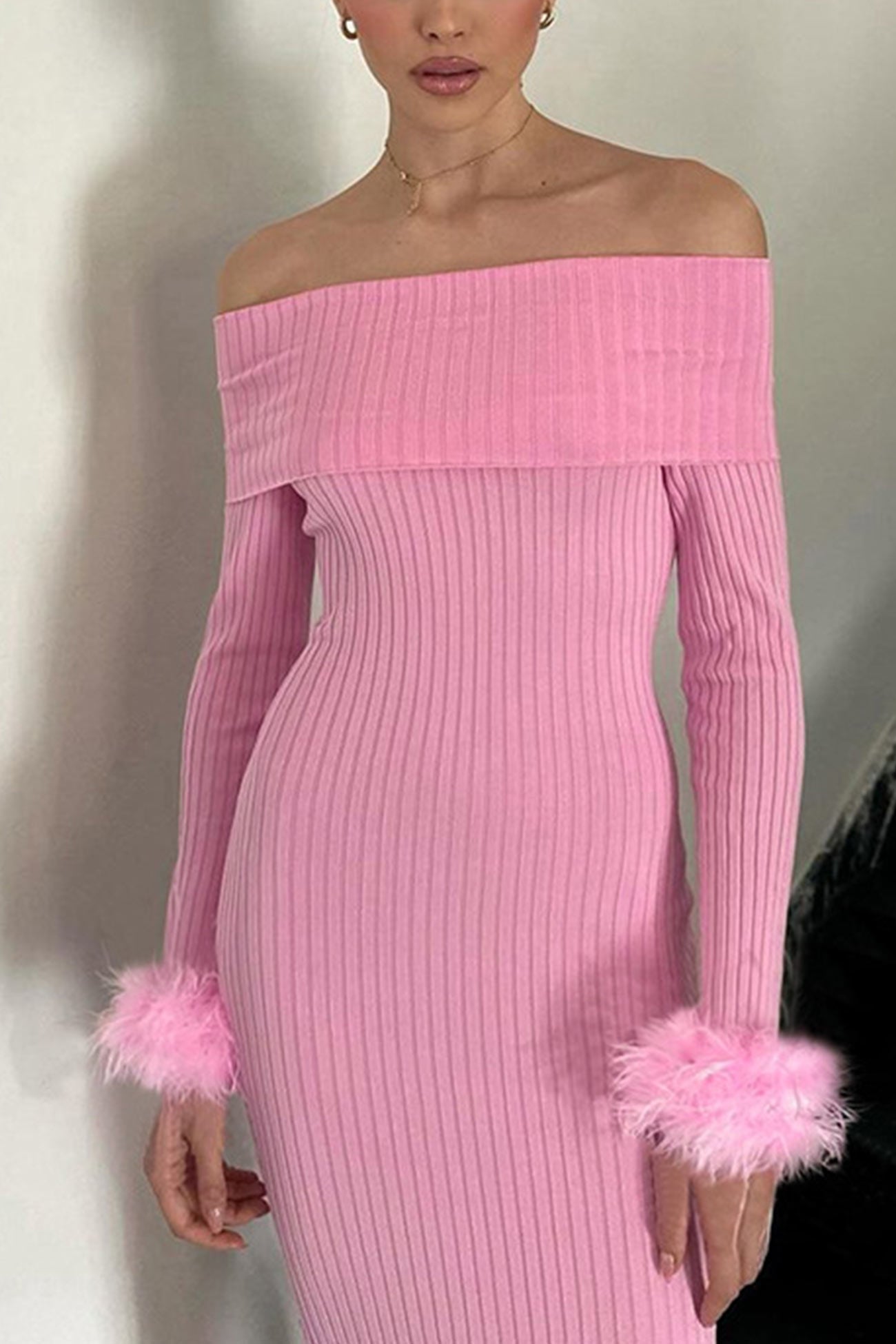 Off-shoulder Fuzzy Cuff Ribbed Knit Dress