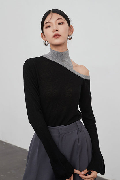 One Shoulder Flare Sleeve Patchwork Tops