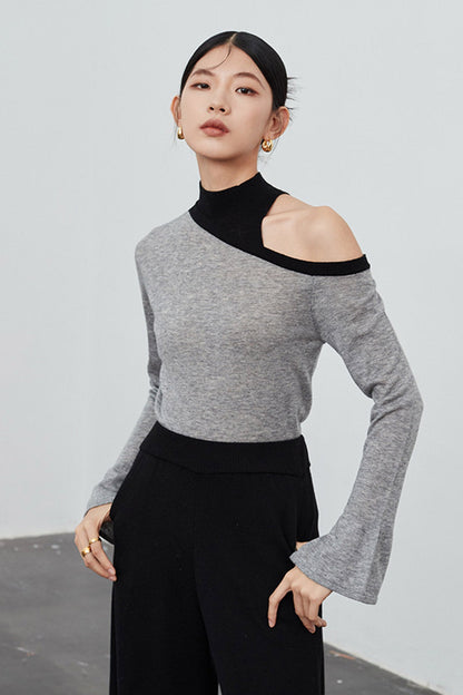 One Shoulder Flare Sleeve Patchwork Tops