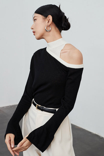 One Shoulder Flare Sleeve Patchwork Tops