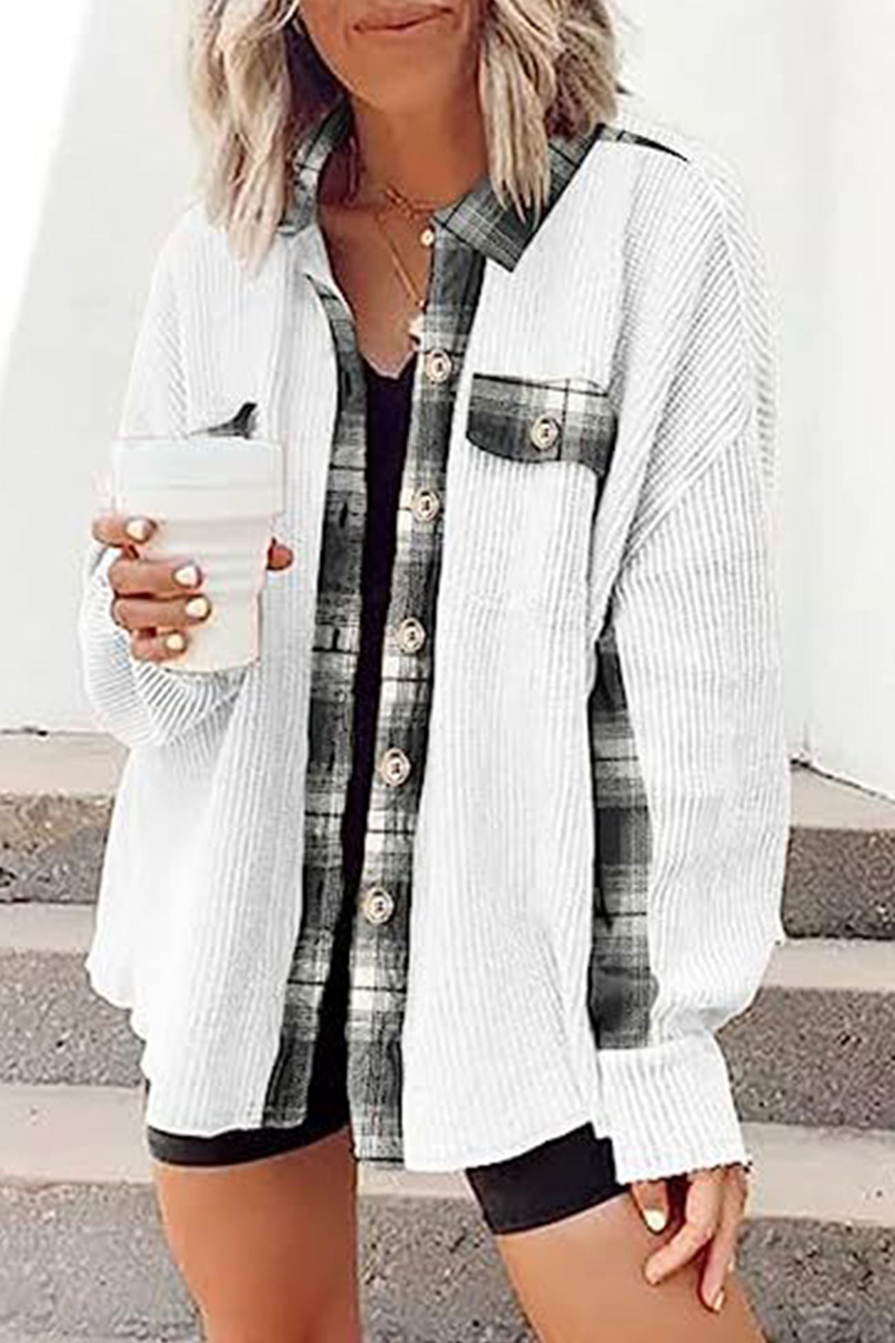 Plaid Patchwork Irregular Hem Blouses