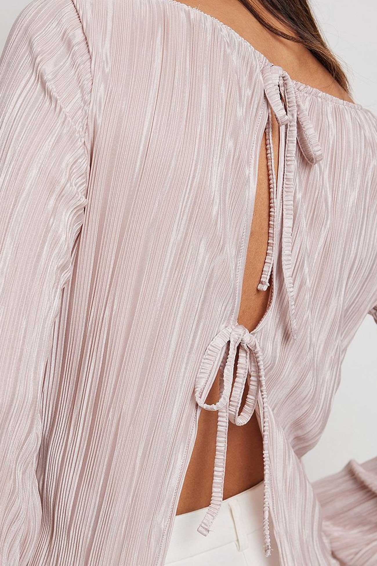 Pleated Long Flares Sleeve Tie-back Tops