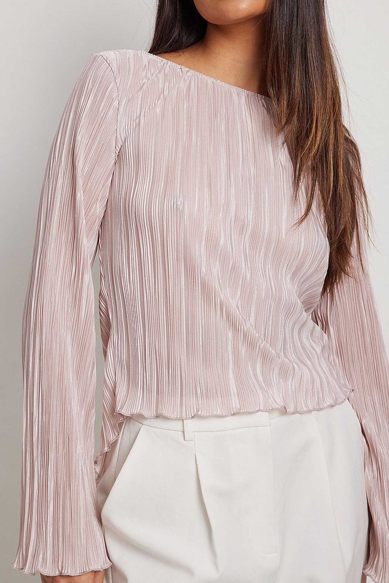 Pleated Long Flares Sleeve Tie-back Tops