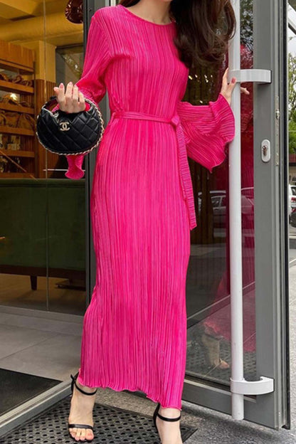 Pleated Long Flares Sleeve Tie-waist Dress