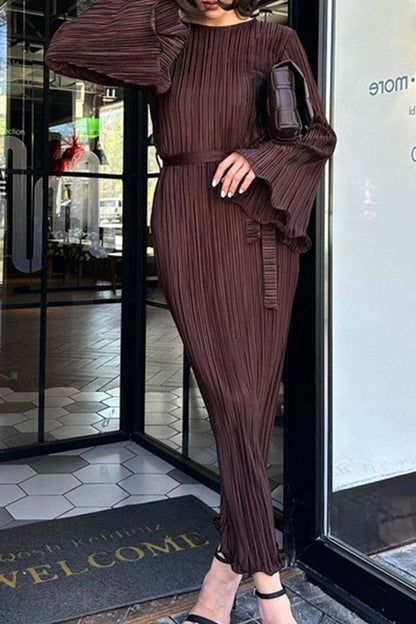 Pleated Long Flares Sleeve Tie-waist Dress