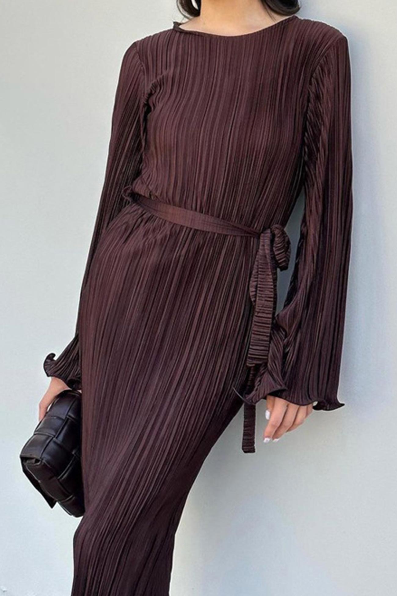 Pleated Long Flares Sleeve Tie-waist Dress