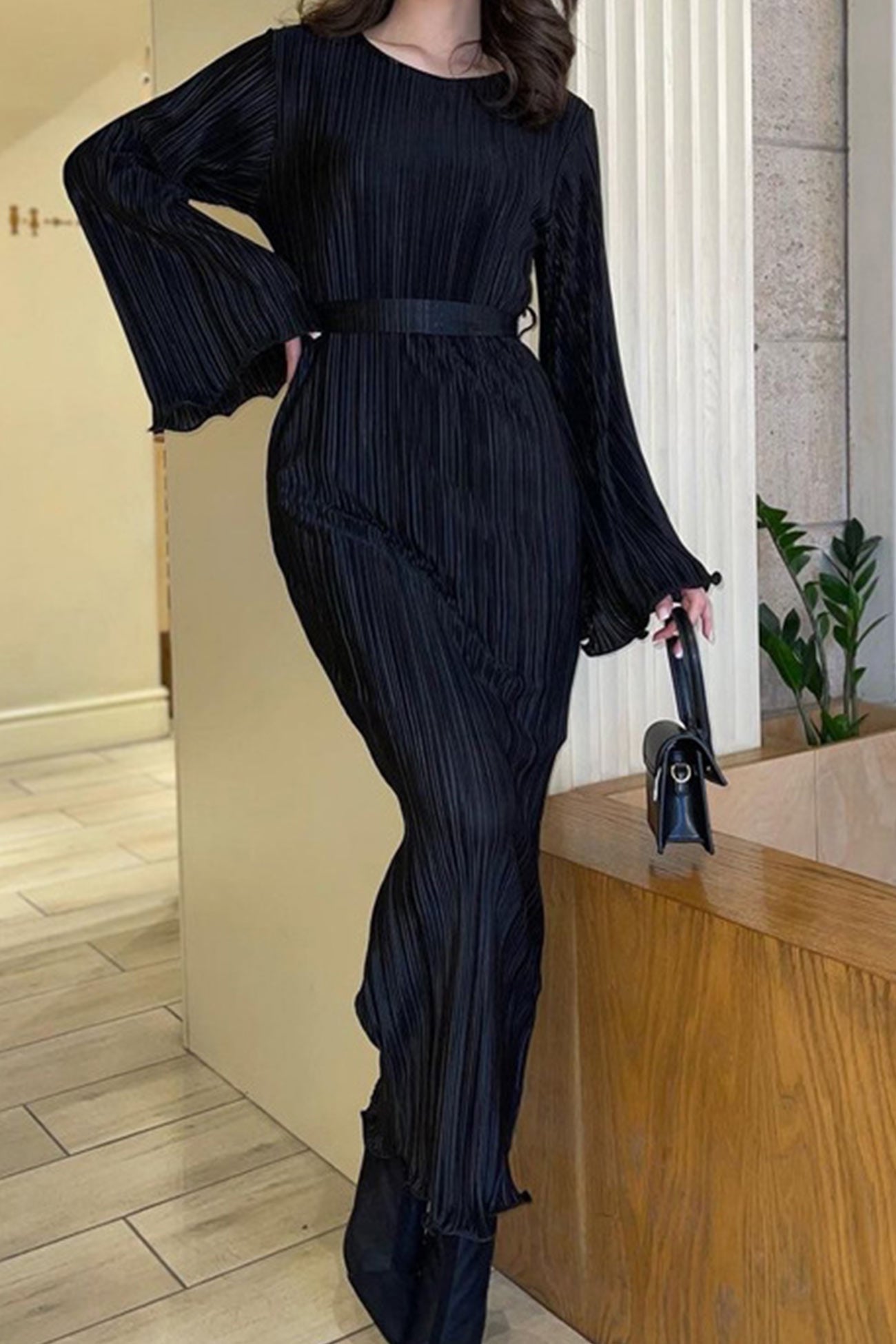 Pleated Long Flares Sleeve Tie-waist Dress