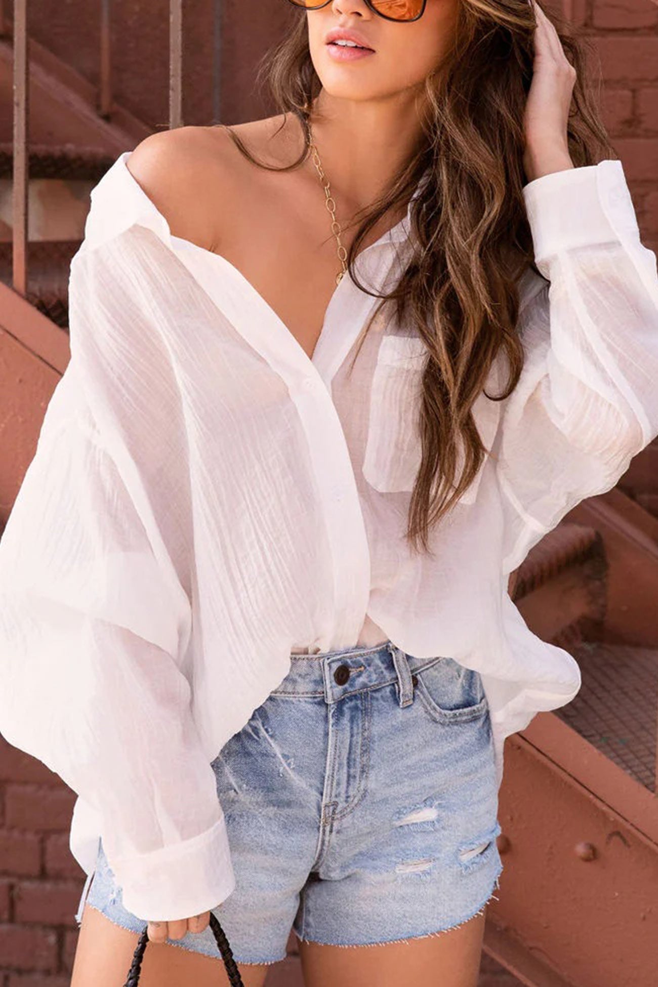 Pleated Long Sleeve Loose Blouse