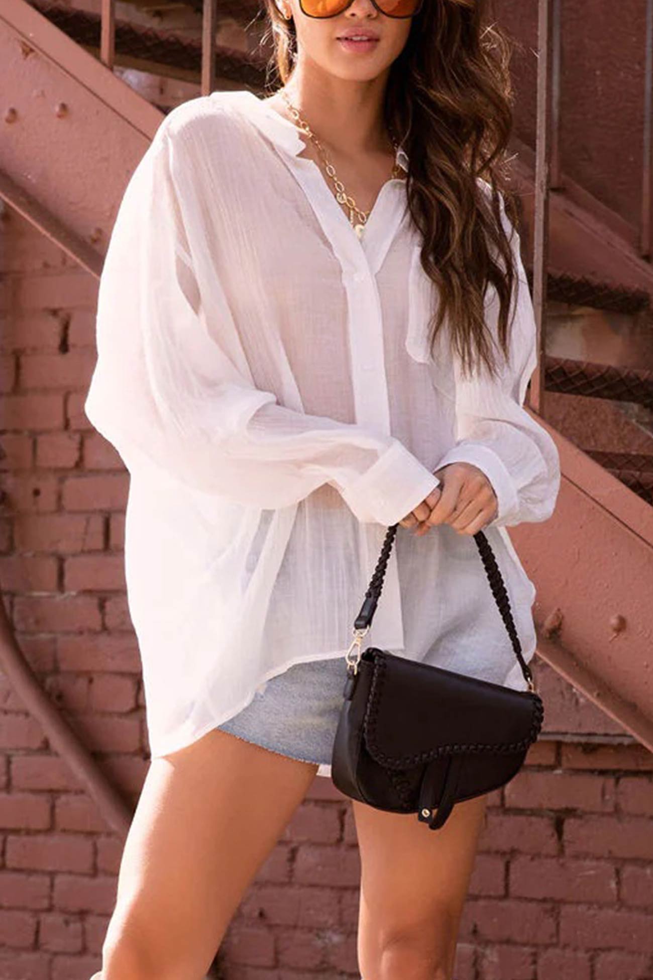 Pleated Long Sleeve Loose Blouse